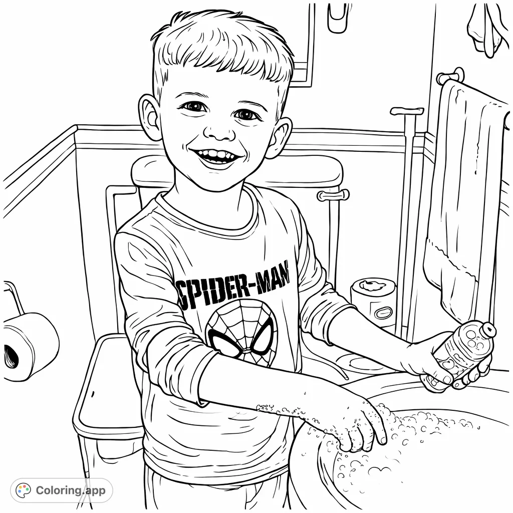 A cheerful boy washes hands in a bubbly sink, holding a fun toy. This happy hygiene coloring page promotes good habits for kids and offers creative fun.