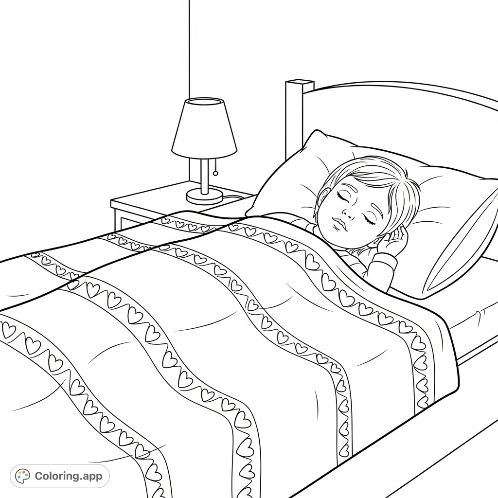 A serene coloring page featuring a child peacefully asleep in a cozy bed, covered by a soft blanket. Perfect for a calming coloring experience.