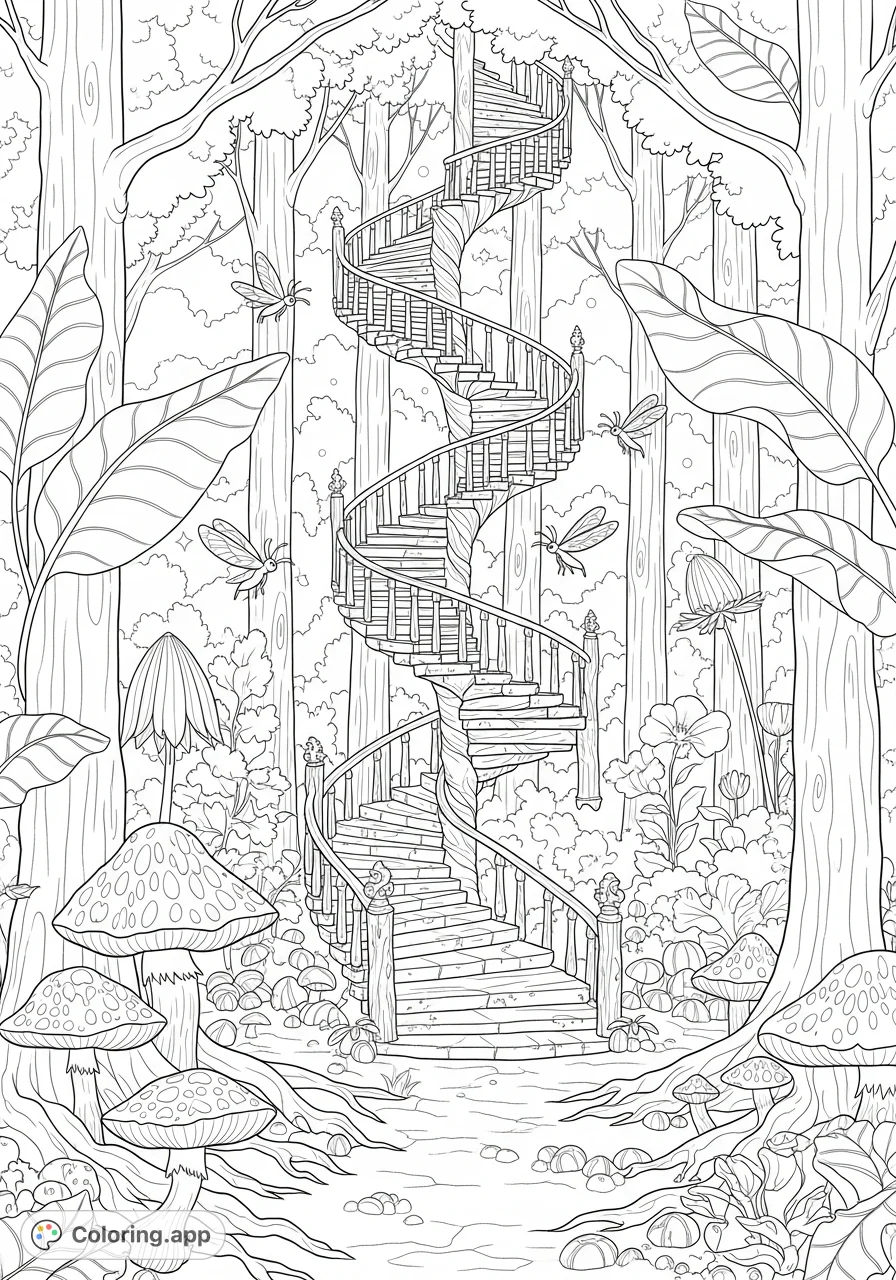 Discover a magical spiral staircase winding through a nocturnal fairy forest. Intricate details and luminous flora create an enchanting, dreamlike scene.