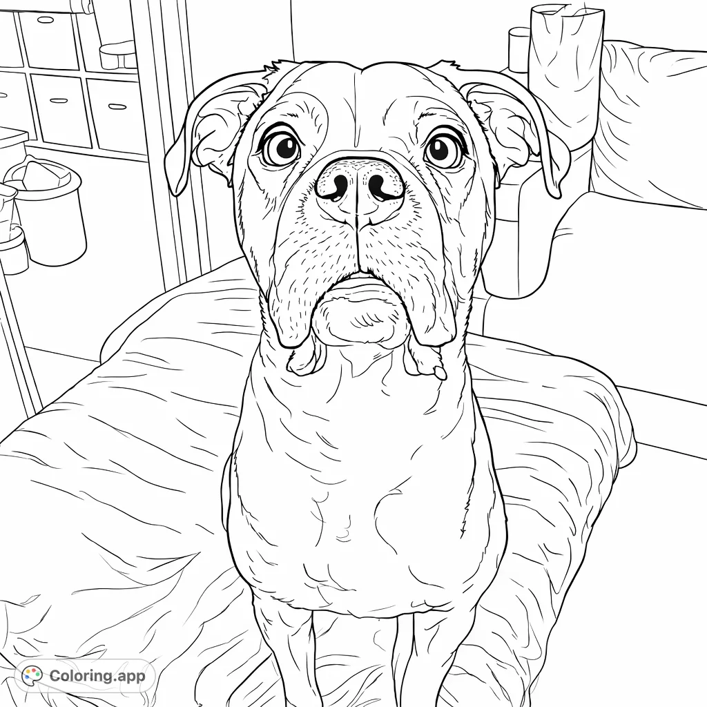 A lovable dog portrait coloring page featuring an expressive canine with unique facial markings, perfect for animal lovers of all ages.
