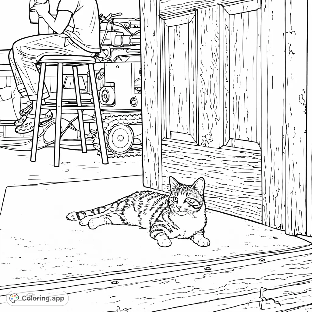 Discover a charming cat lounging on a mat by a rustic wooden door, with a peek into a busy garage scene in this delightful cat coloring page.