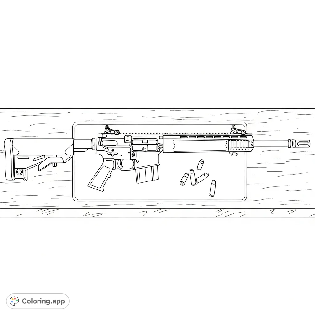 Explore the intricate details of a modern sporting rifle resting on a workbench, complete with scattered shell casings and a cleaning mat outline. An engaging design for enthusiasts.