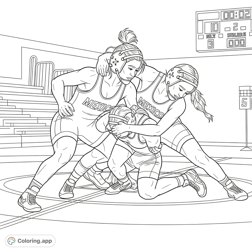 Witness an intense high school girl wrestling match! Two athletes grapple on the mat, showcasing strength and determination, set against a competition backdrop.