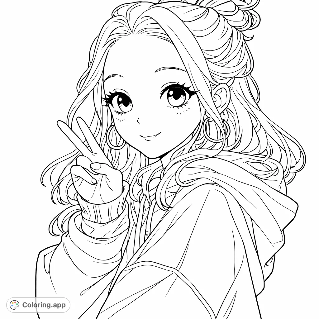 Color this charming anime girl making a peace sign. Features a trendy hoodie and detailed hair, perfect for fans of Japanese animation styles and creative expression.