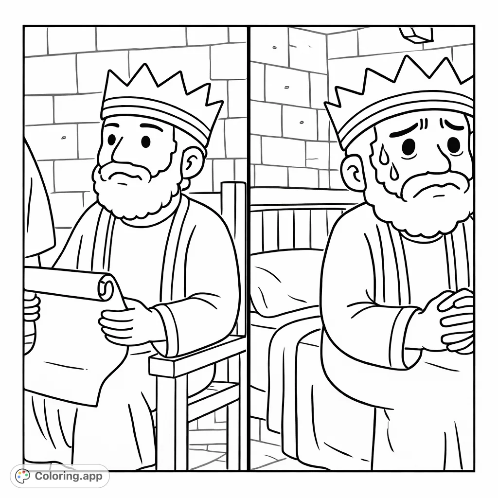 Explore a king's story across two panels: from thoughtful reading to worried reflection. Perfect for imaginative storytelling and creative coloring.