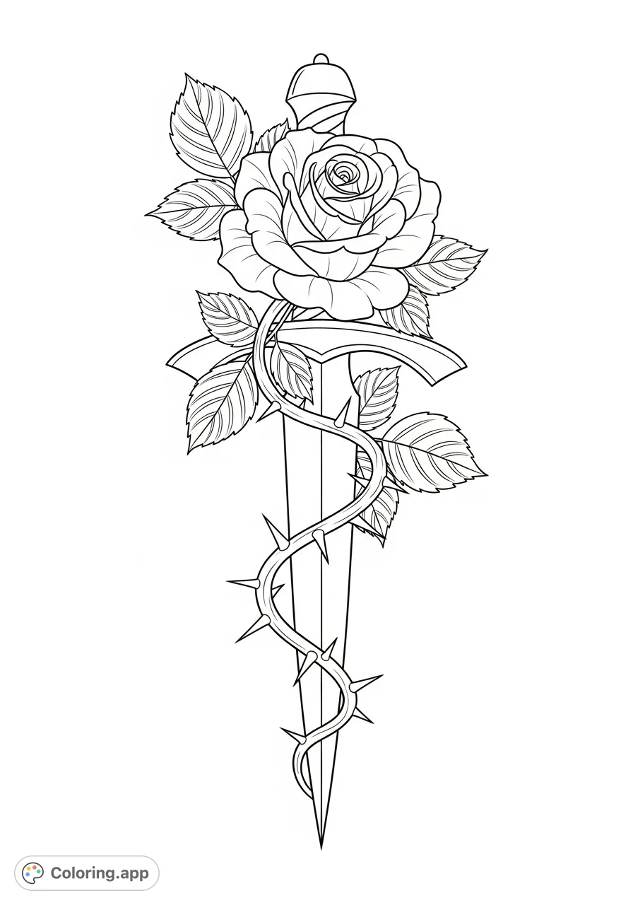 A captivating dagger with a detailed rose and thorny vines intricately wrapped around its handle and blade, offering a compelling canvas for colorists.