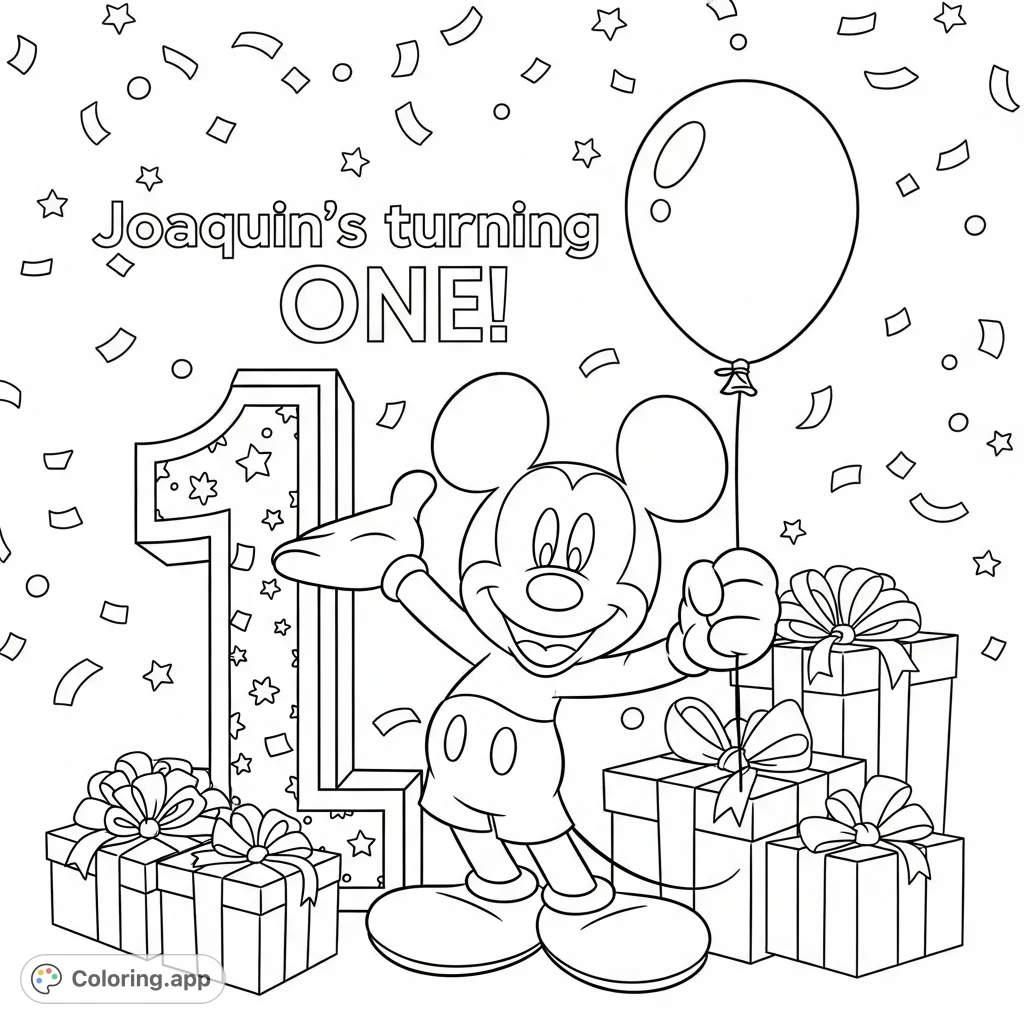 Celebrate with Mickey Mouse! A cheerful first birthday coloring page for Joaquin, featuring a balloon, gifts, and festive confetti.