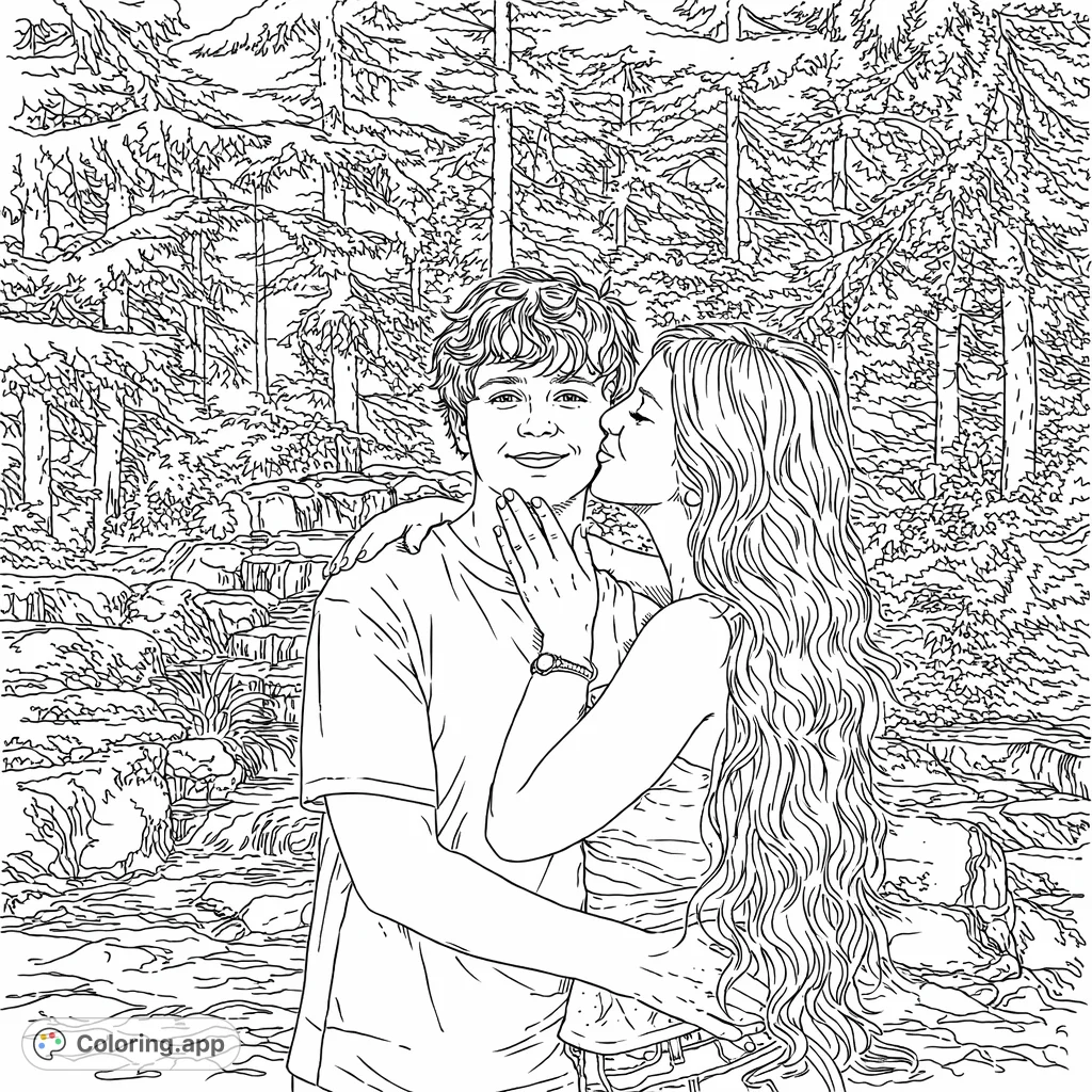 A heartwarming couple's portrait by a beautiful cascading waterfall in a lush forest setting. Celebrate connection and nature with this appealing coloring page.