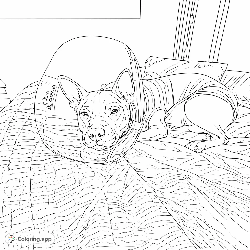 Cuddle up with this adorable dog coloring page, featuring a sweet pup wearing a protective cone and a suit, resting peacefully on a textured bed. A comforting scene perfect for all.