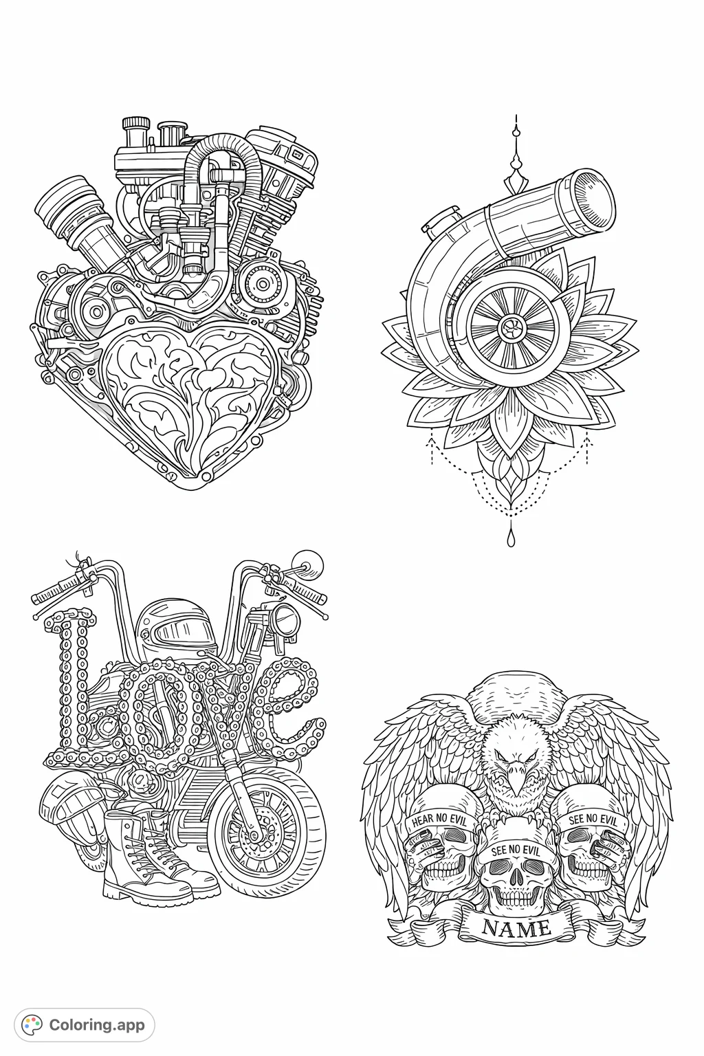 Intricate motorcycle-themed artwork spelling 'LOVE' with chains, gears, a helmet, and boots. Perfect for enthusiasts.