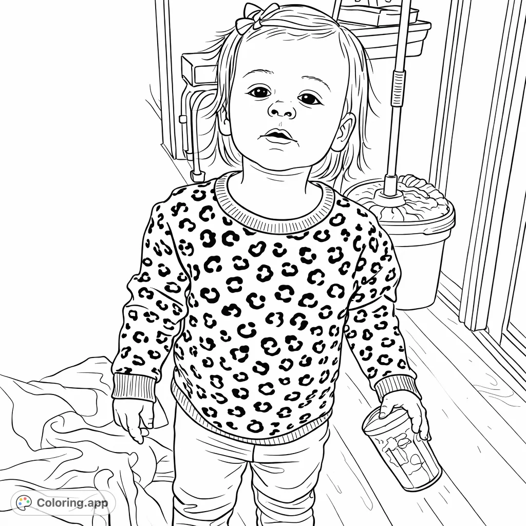 A charming toddler wearing a playful leopard print top, holding an object, amidst a sunlit indoor setting. Perfect for young artists and parents.