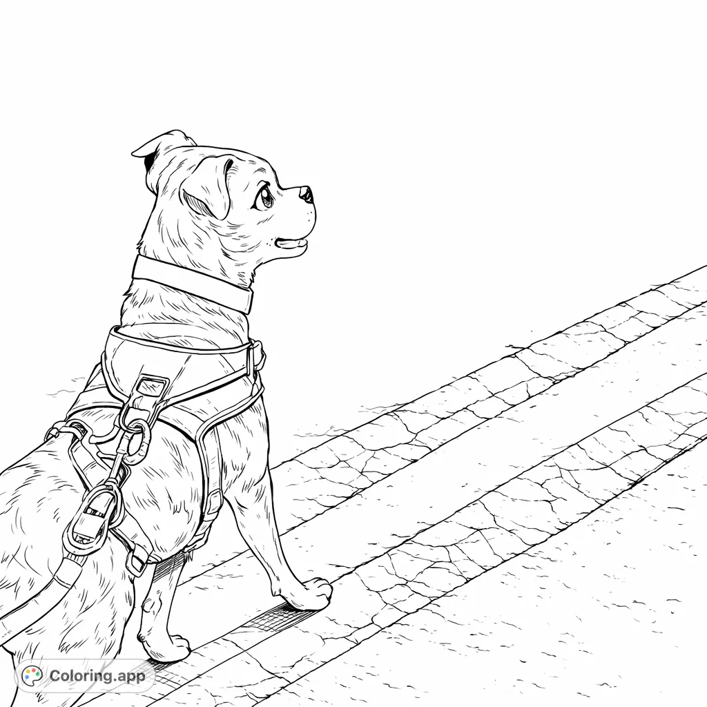 An anime-inspired coloring page featuring a brindle dog on a leash walking on an asphalt path with dashed lines, perfect for pet lovers. Free printable coloring page fun!