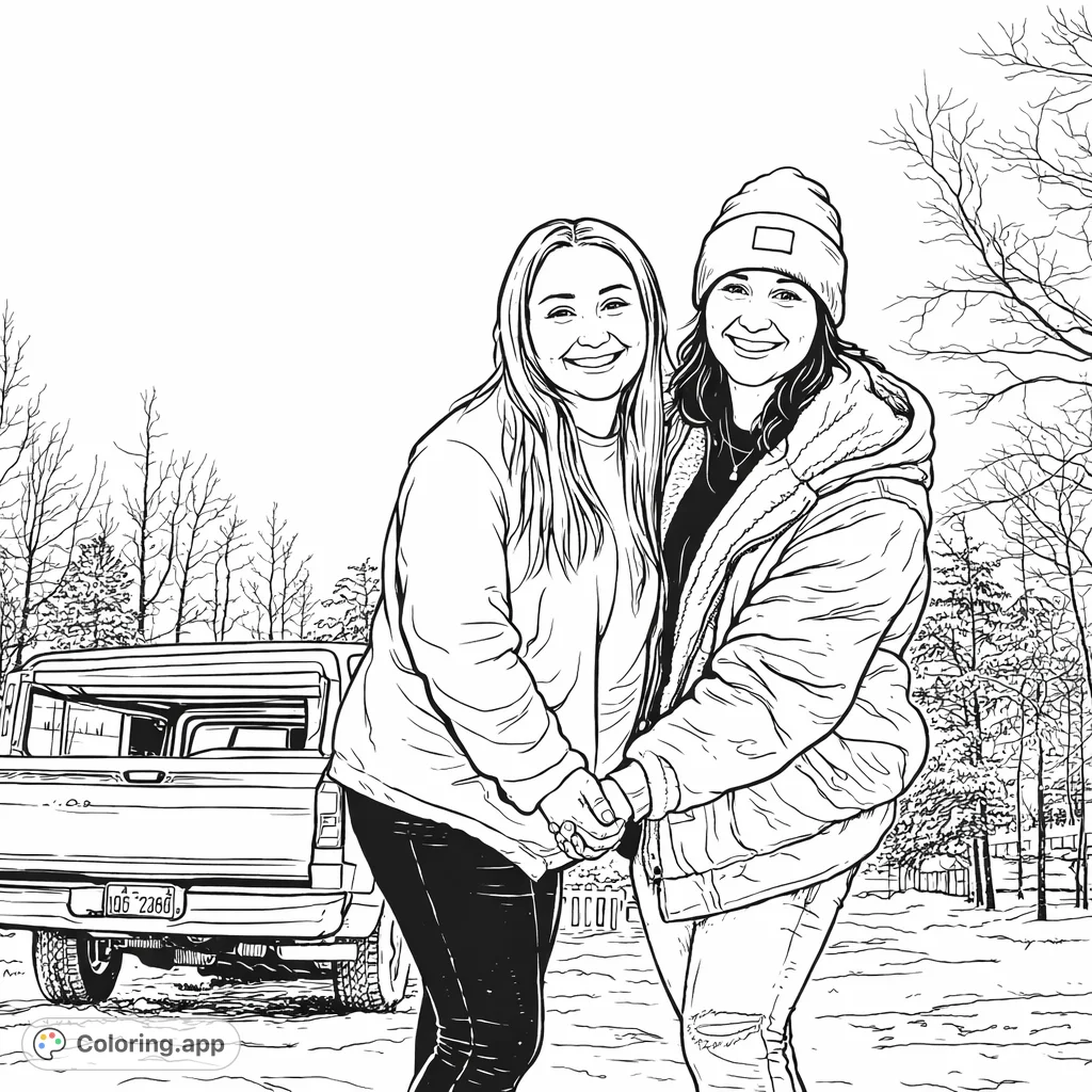 Capture the warmth of friendship in a snowy setting with two smiling companions holding hands, surrounded by winter trees and a rustic truck. A heartwarming winter scene.