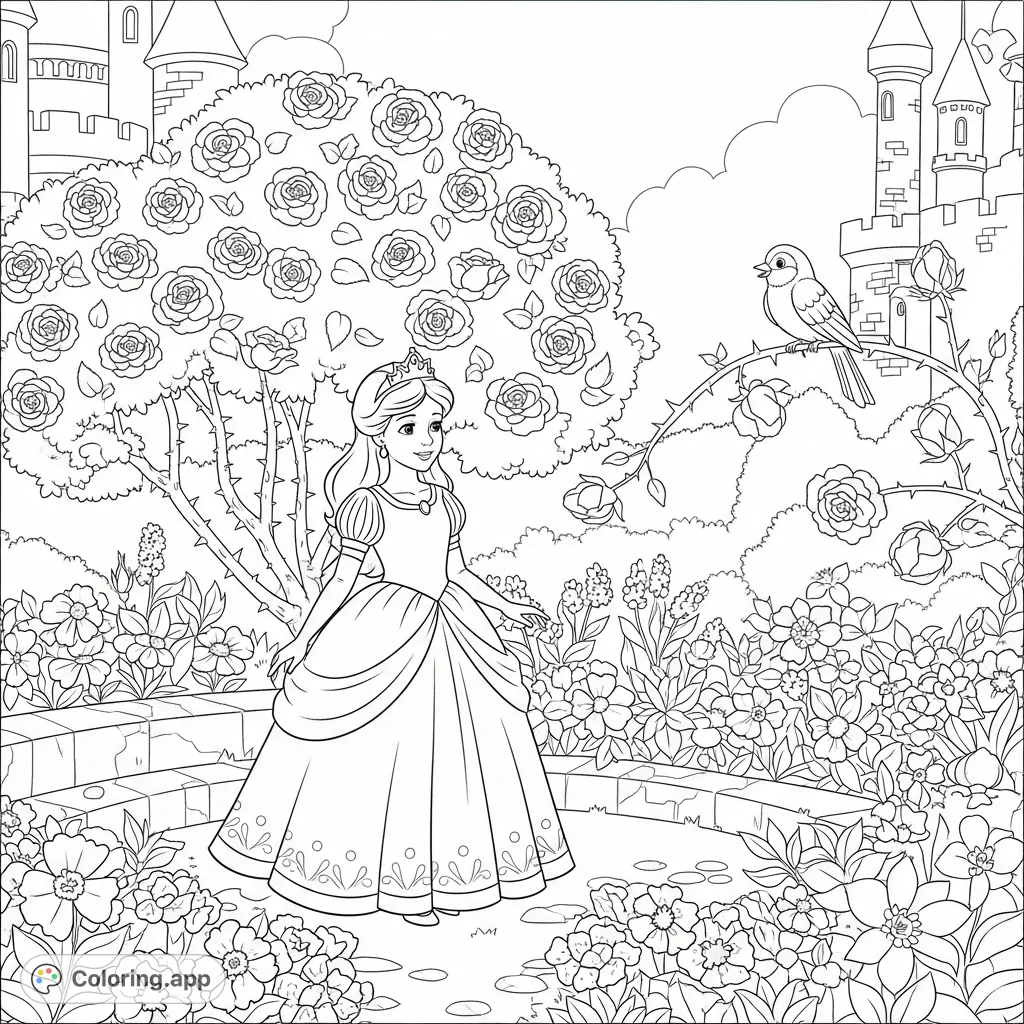A charming little princess explores a beautiful castle garden, surrounded by intricate flower beds, a fragrant rose bush, and a cheerful chirping bird. Perfect for imaginative coloring!