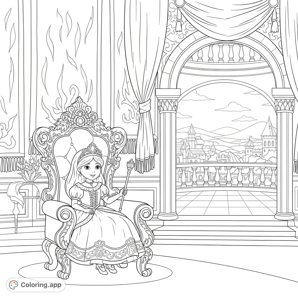 A charming little princess sits gracefully on her royal throne in a beautifully adorned room, with a scenic balcony view. This princess coloring page is perfect for all.