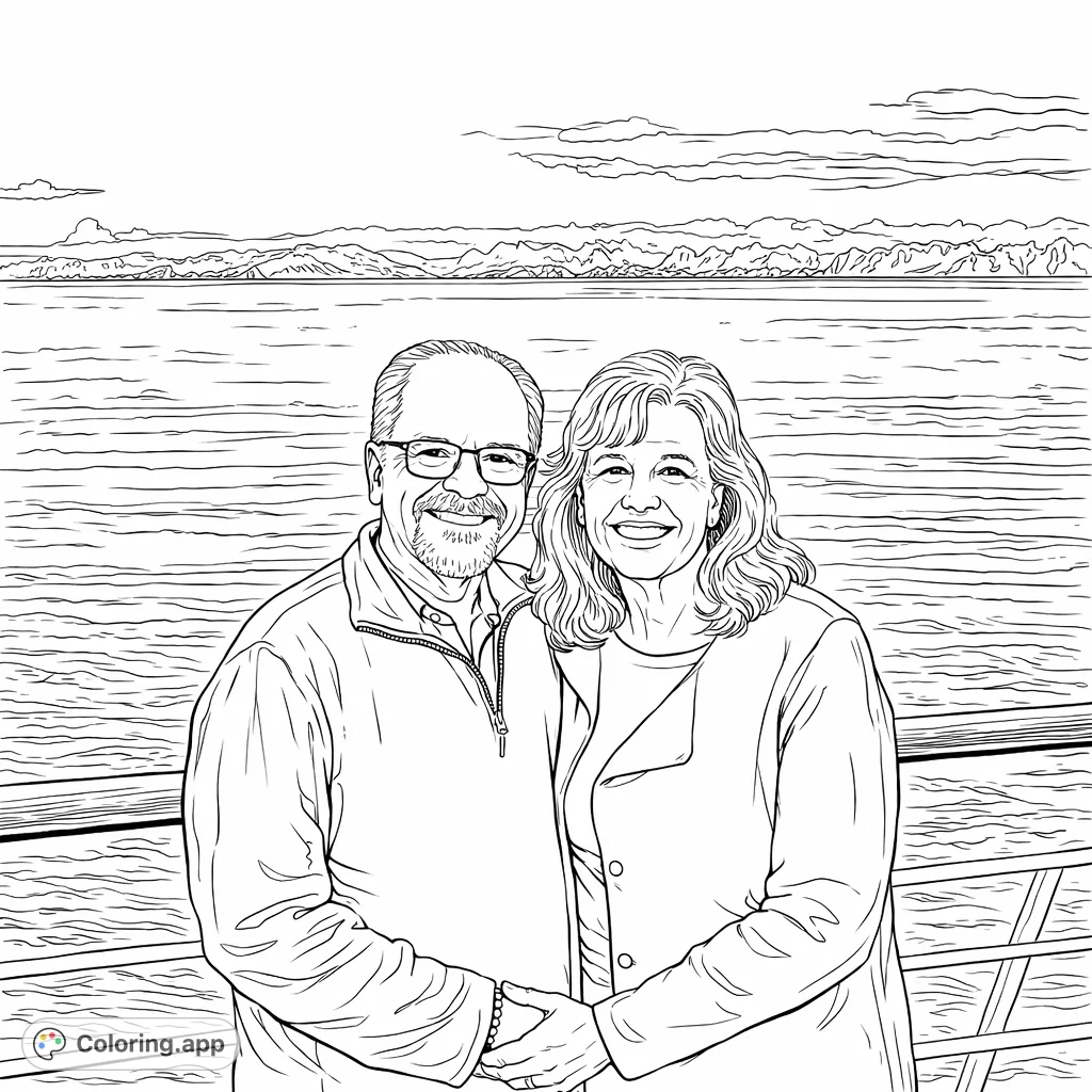 A heartwarming portrait of a smiling couple enjoying an expansive ocean view from a ship's deck. Perfect for personalizing with your favorite shades.