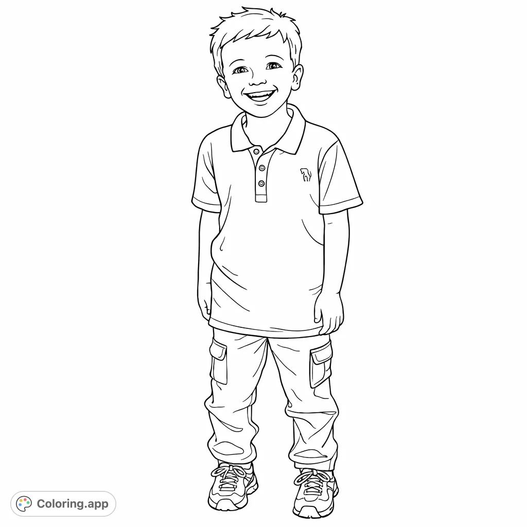 A cheerful young boy with a bright smile, standing confidently in his casual shirt and cargo pants, ready for a fun coloring adventure.