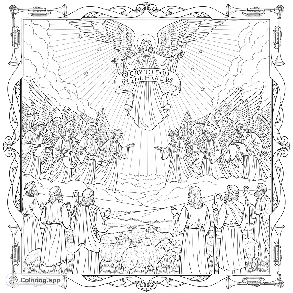 A heartwarming Christmas coloring page showing angels announcing Christ's birth to shepherds, framed by trumpets and scrolls. Perfect for holiday joy!