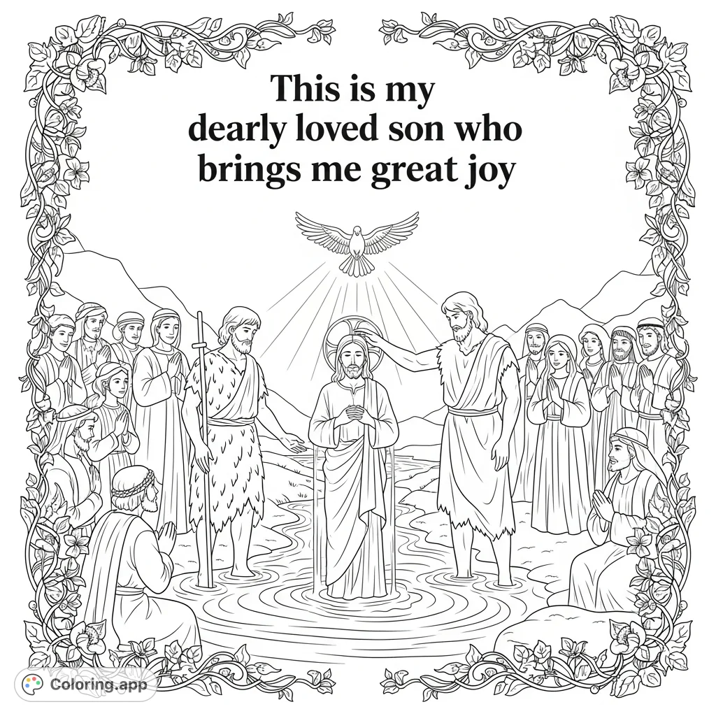 A powerful Jesus baptism coloring page depicting Jesus in the river with John the Baptist, a descending dove, onlookers, and a decorative vine border. A spiritual free printable coloring page.
