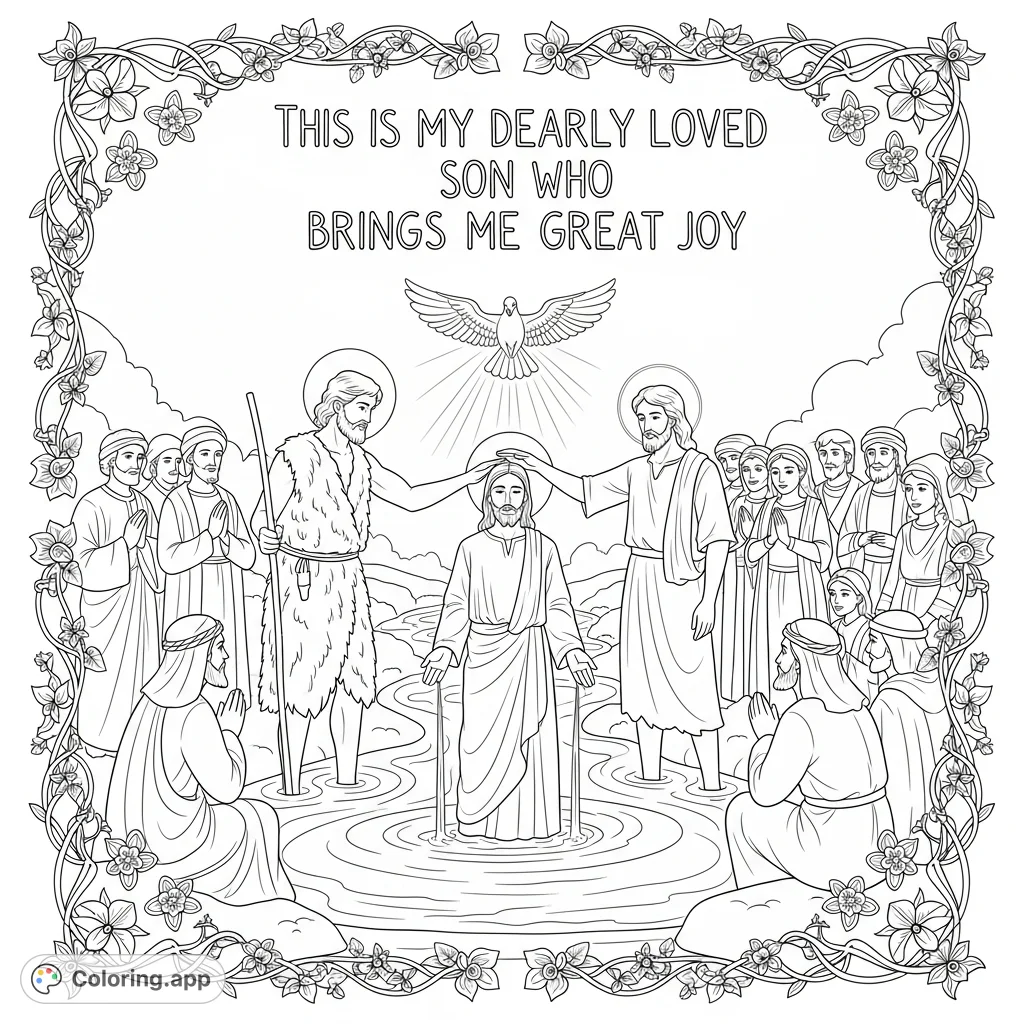 A profound Jesus coloring page depicting Jesus and John the Baptist in a river, with a dove descending and onlookers. A beautiful, detailed scene for reflection.