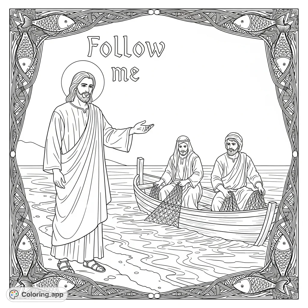 A powerful Jesus coloring page depicting Jesus calling two men from their fishing boat, with the words "Follow me" and a border of fish and nets.