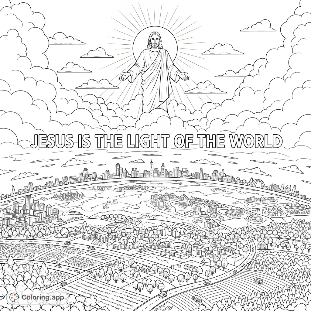 A majestic Jesus stands above a flat Earth, radiating light over detailed cities, farms, and forests, with the powerful message "JESUS IS THE LIGHT OF THE WORLD".
