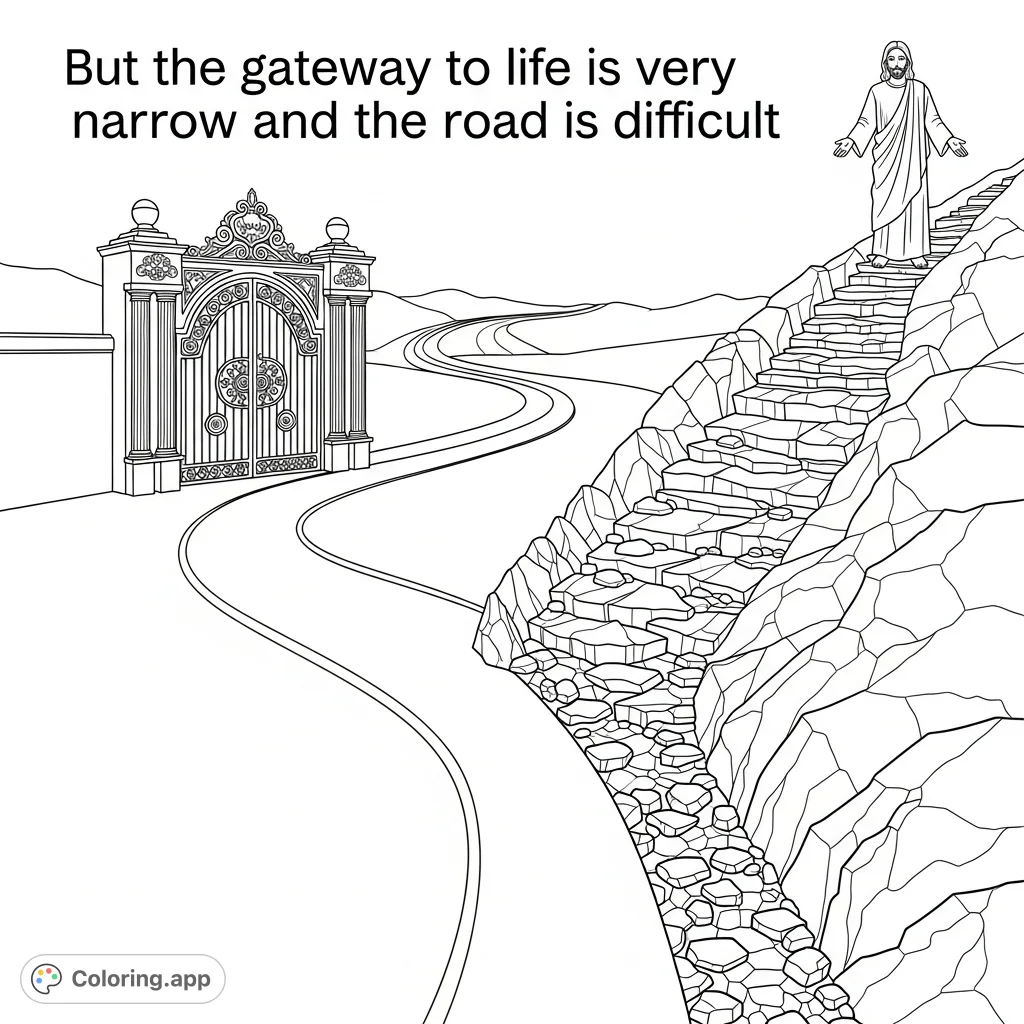 Explore a symbolic coloring page featuring a fork in a winding road, contrasting a broad, easy path with a narrow, challenging one leading to Jesus. Includes a meaningful quote.