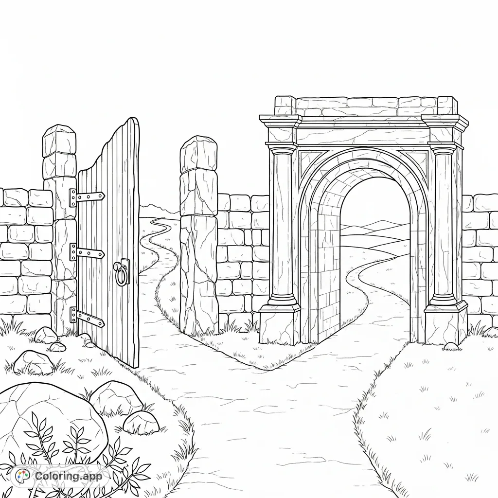 Discover a compelling Matthew 7:14 coloring page featuring two distinct gates and paths: a narrow, difficult route and a broad, smooth one, symbolizing life's choices.