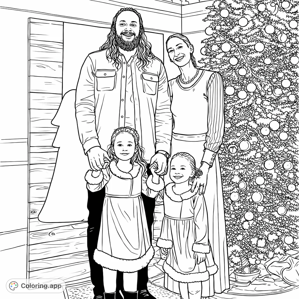Capture a heartwarming family portrait by a festive tree. Features two adults and two children in a joyful holiday setting, perfect for coloring.