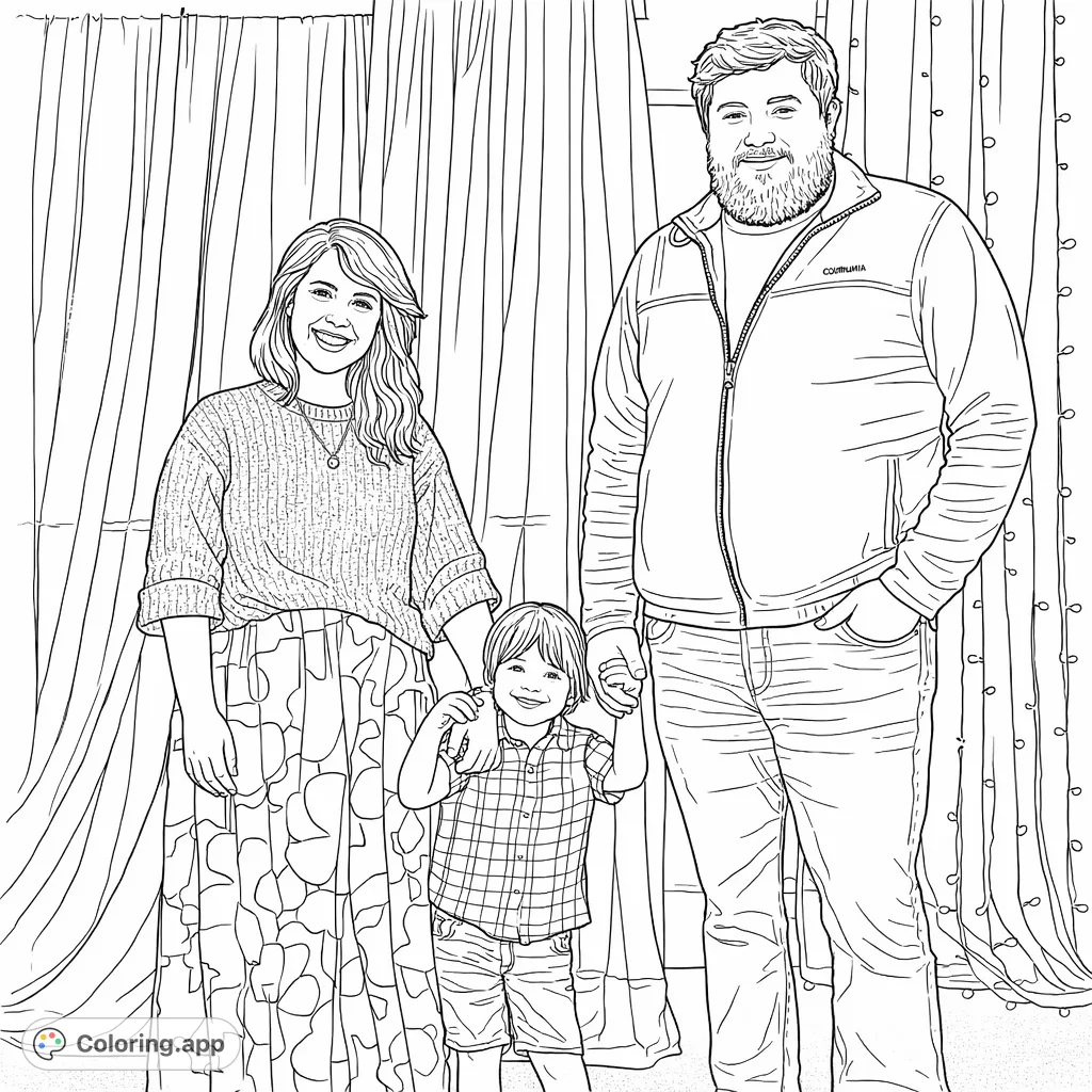 A warm family portrait featuring a woman, man, and child, smiling against a backdrop of draped fabric and delicate lights. Perfect for family coloring page fun.