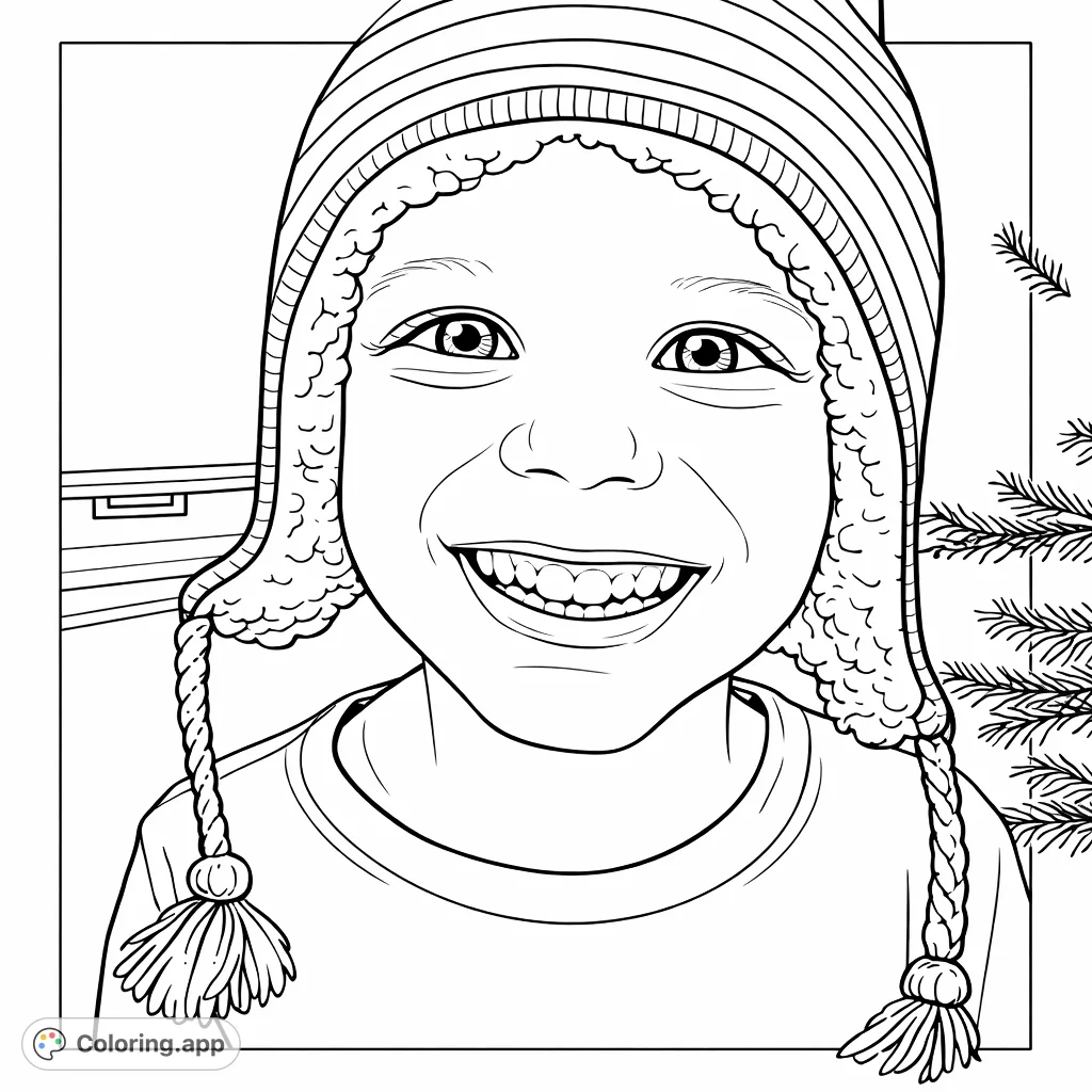 A delightful close-up of a child beaming with joy, wearing a cozy striped winter hat with ear flaps and tassels, ready for a fun coloring adventure.