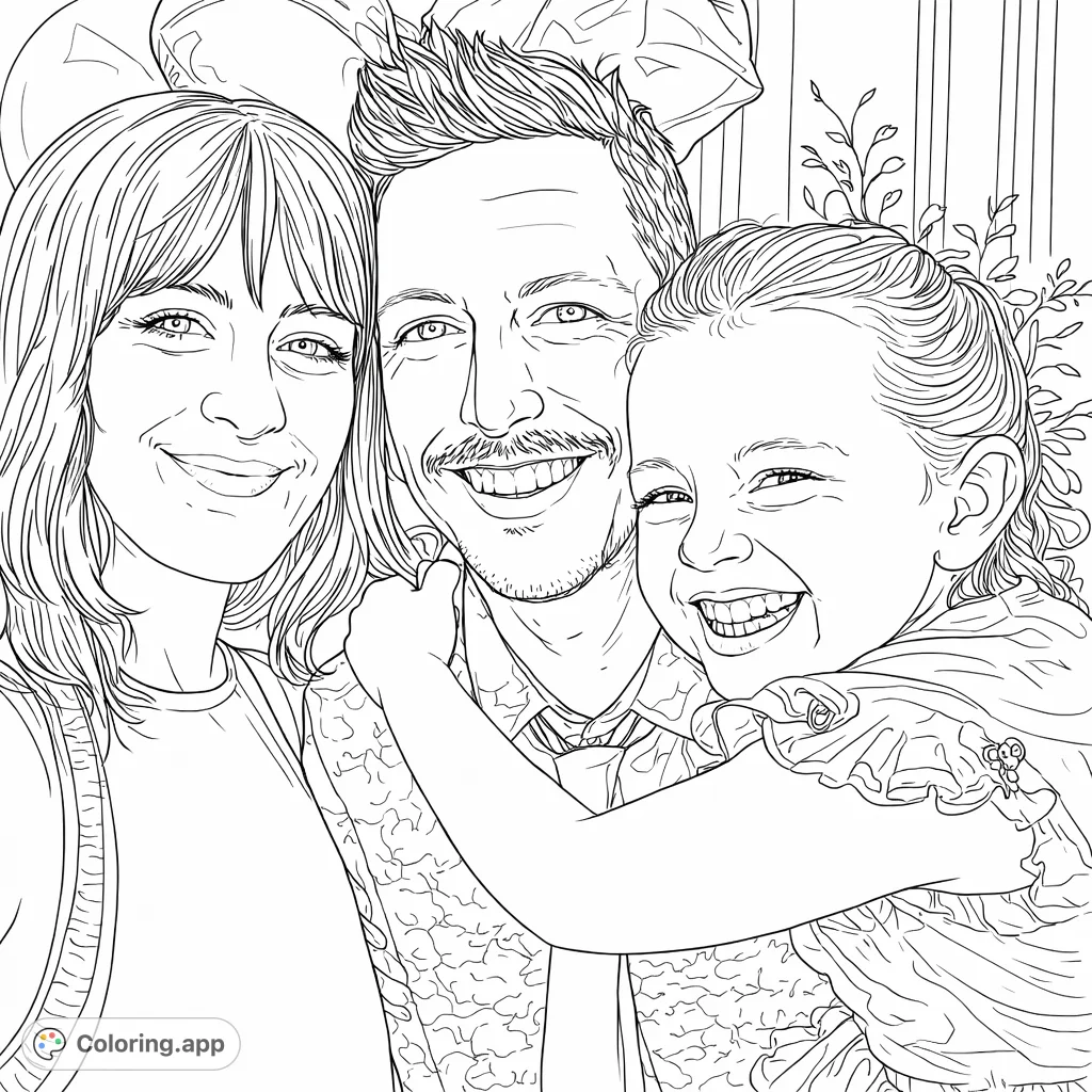 Capture the joy of family with this heartwarming portrait coloring page. A smiling couple and a cheerful child hug, surrounded by festive decorations.