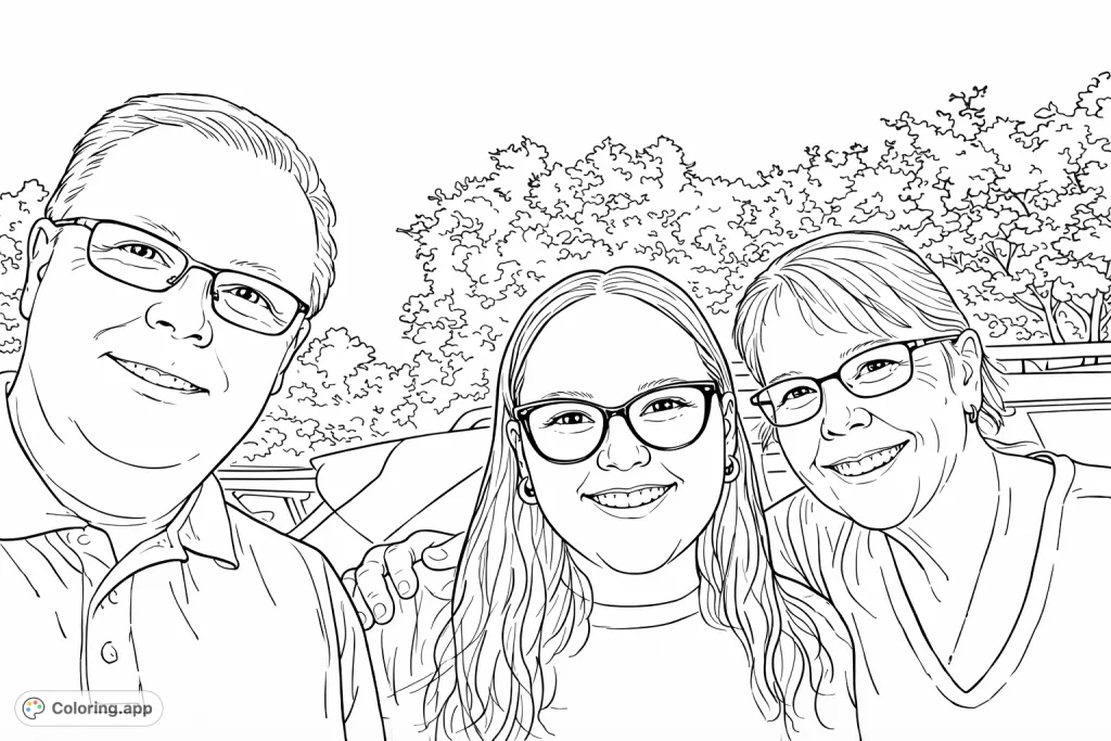 A heartwarming family portrait with three smiling individuals, each wearing glasses, set outdoors against a backdrop of trees and a subtle cloudy sky.