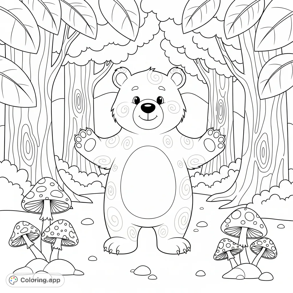 A cute, smiling bear welcomes young artists to a magical forest scene. Bold lines and large spaces make this free printable coloring page perfect for kids.