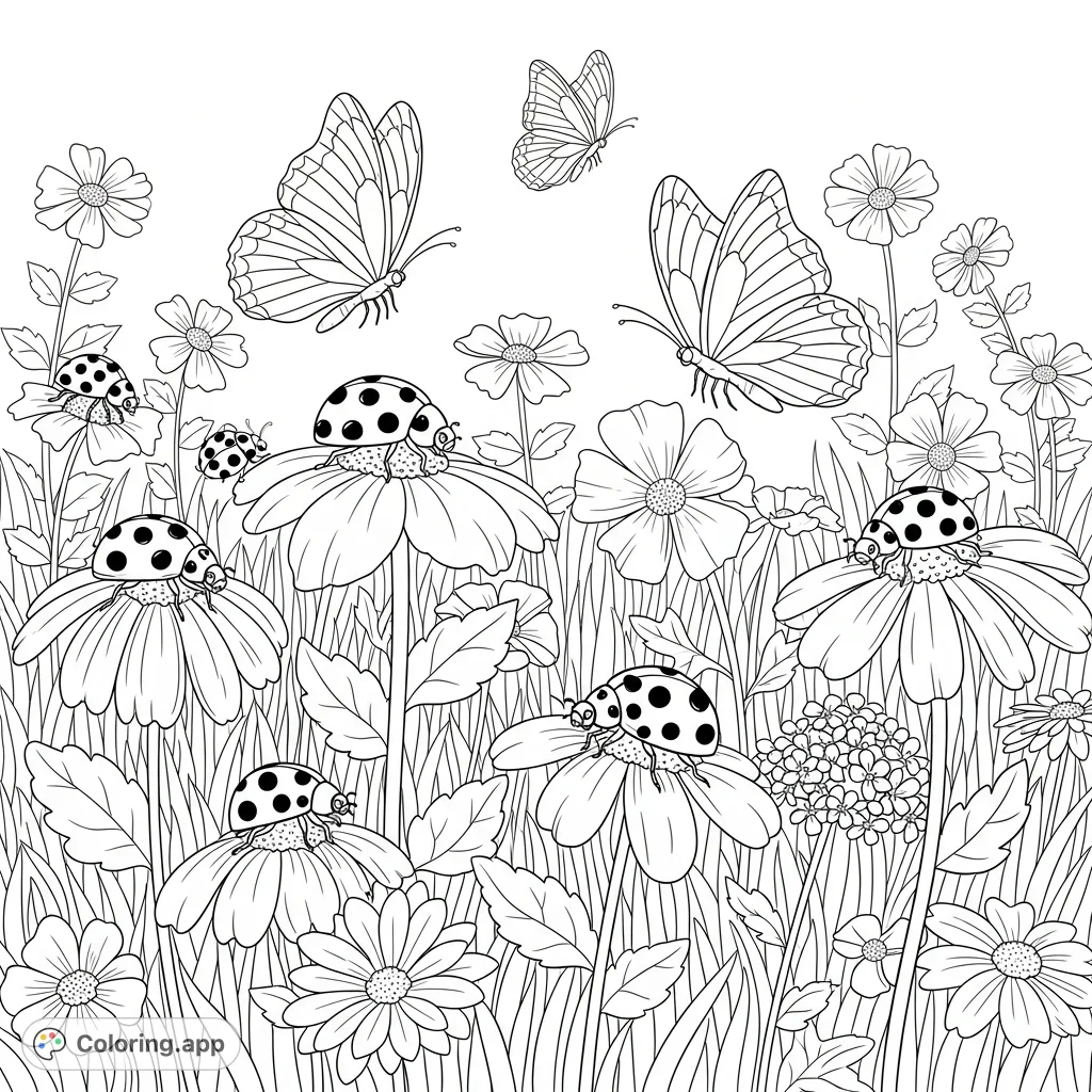 A charming nature coloring page featuring cheerful ladybugs and graceful butterflies amidst a lush field of diverse flowers, perfect for all ages.