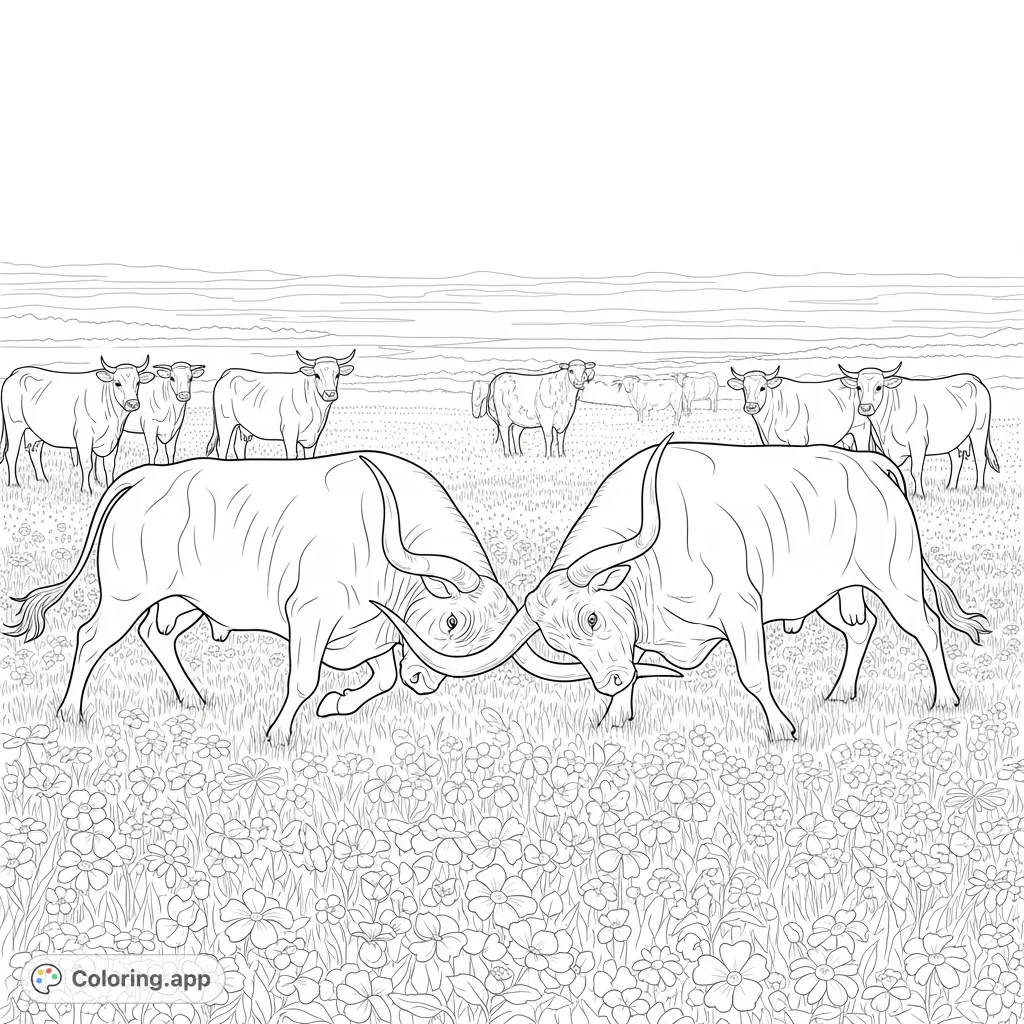 Witness a powerful longhorn bull fight amidst a vibrant field of blossoms, with an audience of other cows. A captivating nature scene for coloring.