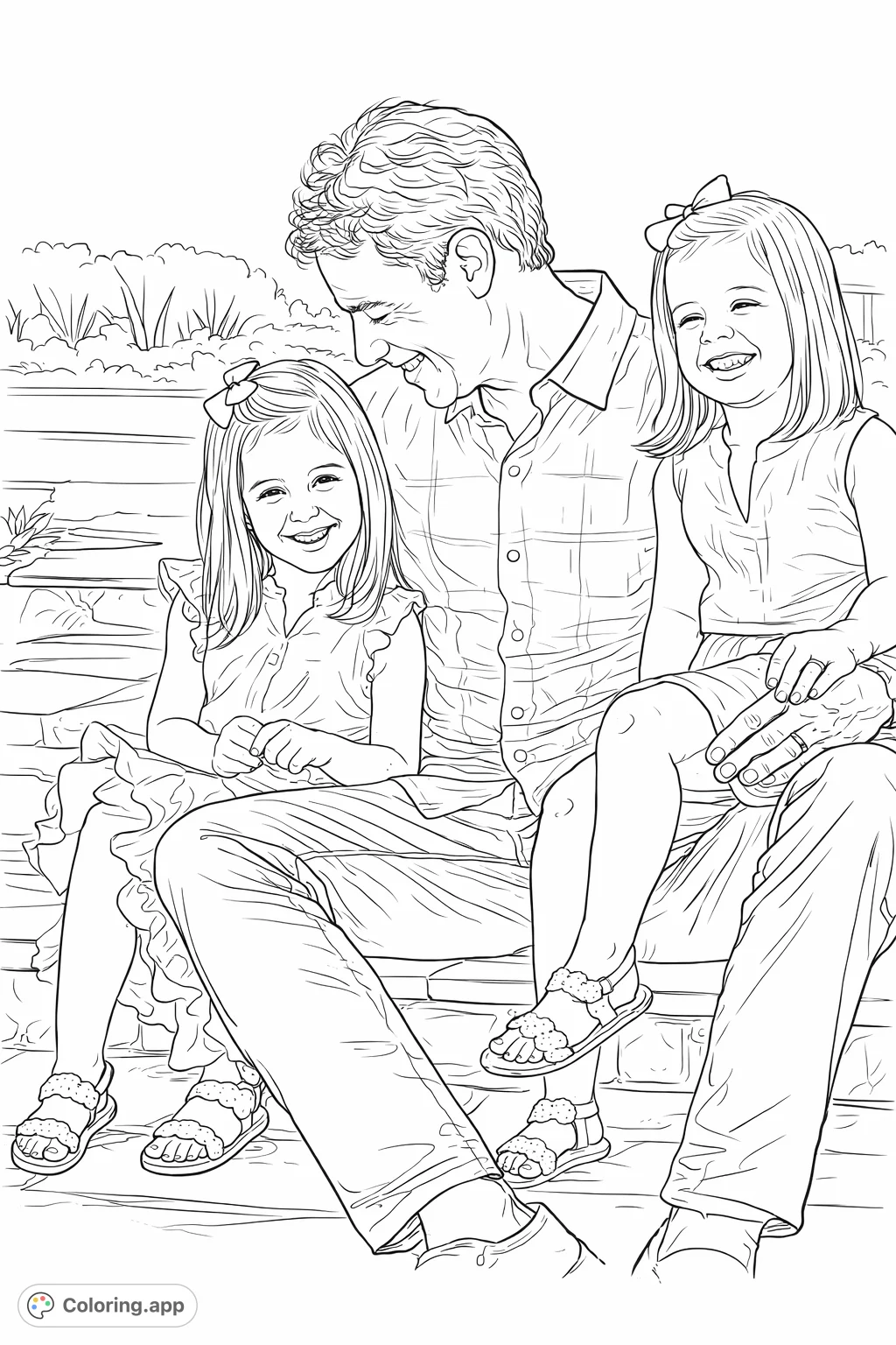 A heartwarming family coloring page featuring a smiling father with his two joyful daughters seated outdoors. Perfect for capturing precious moments and creative expression.
