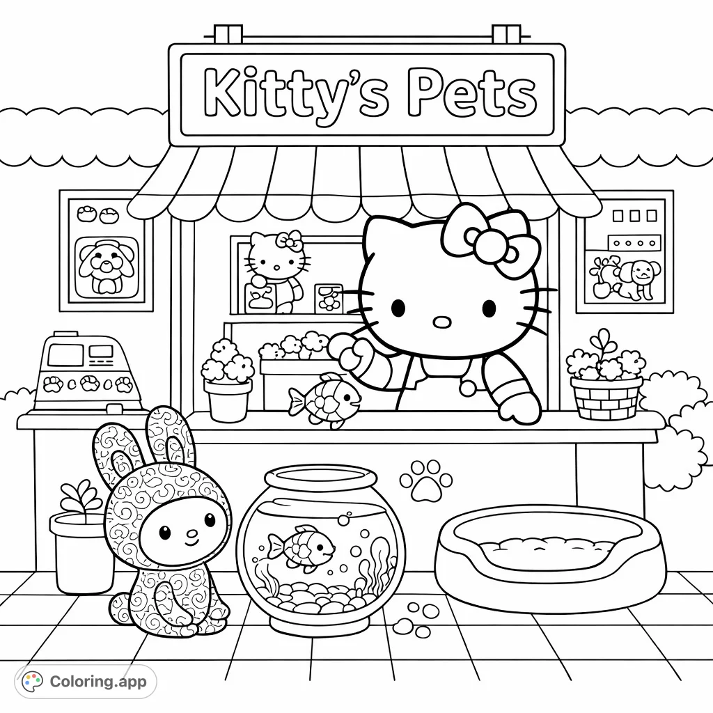 Join Hello Kitty at her charming pet shop, surrounded by adorable animals, fish, and pet supplies. A delightful scene for all ages.