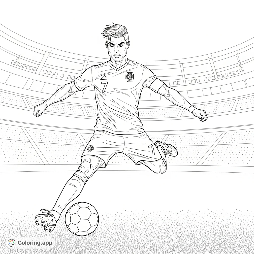 Unleash your creativity with this Cristiano Ronaldo coloring page! A dynamic depiction of the legendary athlete in action on the soccer pitch.