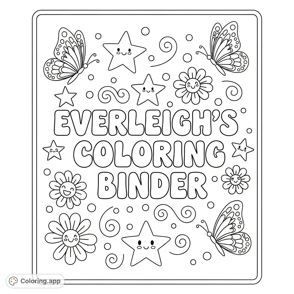 A fun Everleigh's Creative Binder coloring page featuring a personalized name in bubble letters, surrounded by charming designs. Perfect for personalizing her art collection!