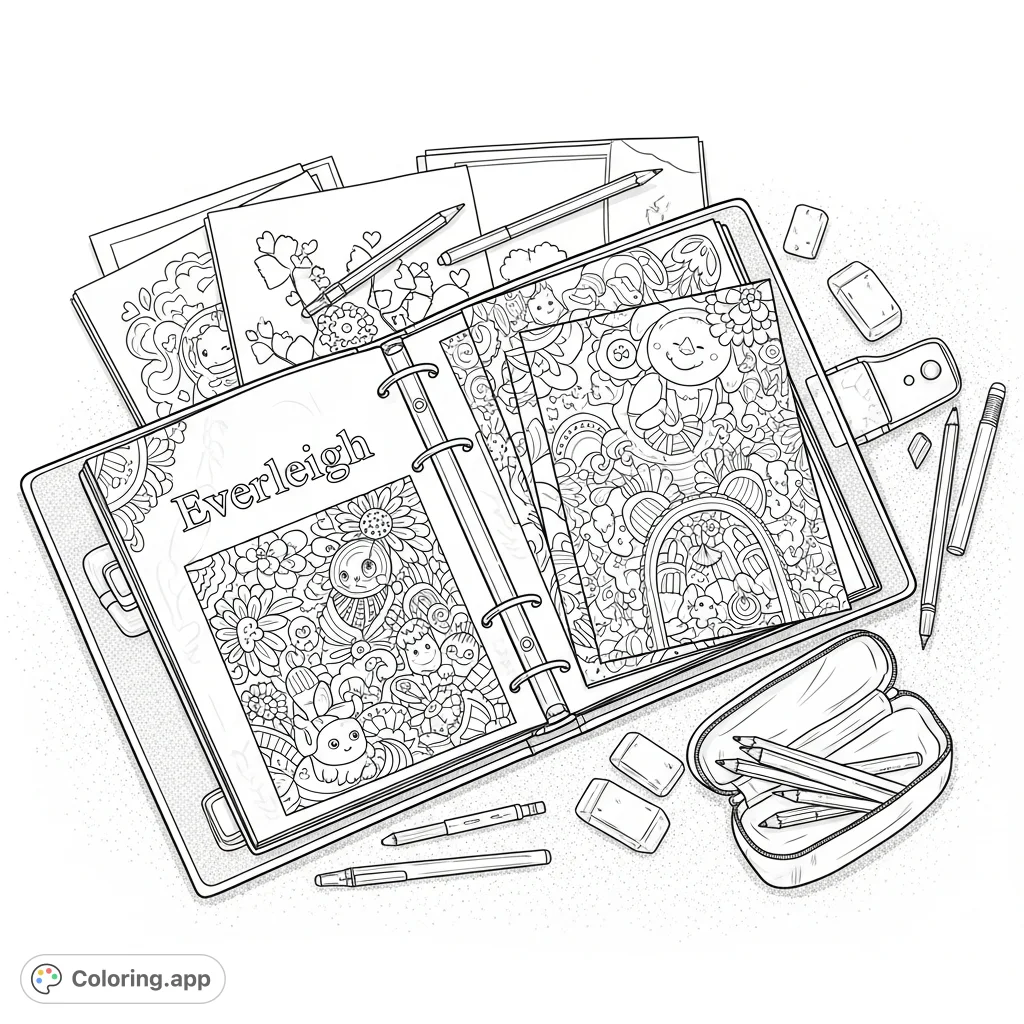 An engaging coloring page featuring Everleigh's open coloring binder, filled with detailed pages and surrounded by art supplies, ready for creative expression.