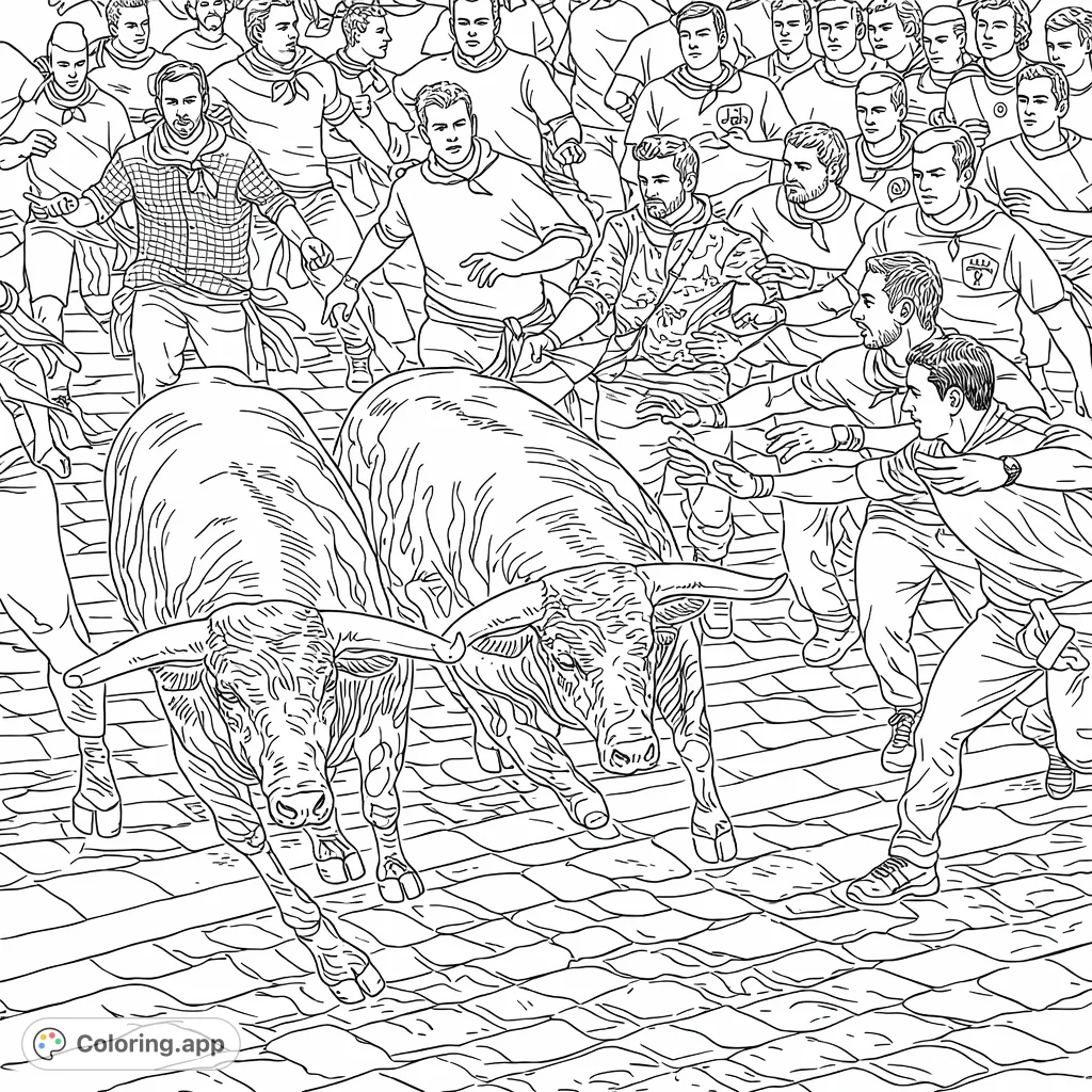 Experience the intense energy of a bull run. Two powerful bulls charge through a crowded cobblestone street with men running alongside.