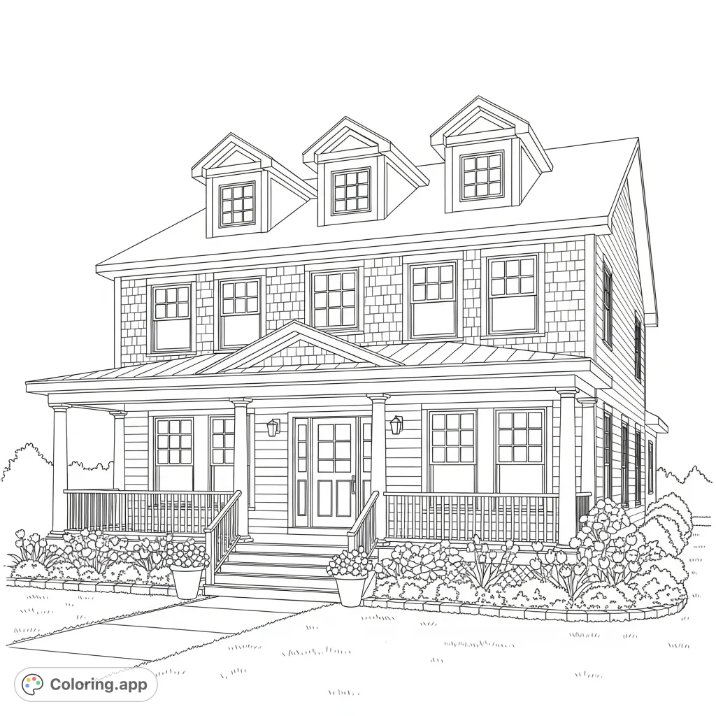 Discover a charming, cozy home coloring page featuring a welcoming front porch, dormer windows, and lush garden flowers. A delightful artistic escape.