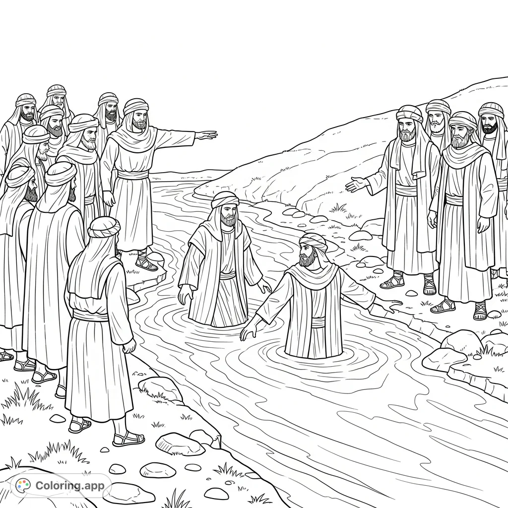 Explore an ancient Israelite river crossing, where men face a challenge to pass, guarded by others. A scene of historical confrontation and passage.