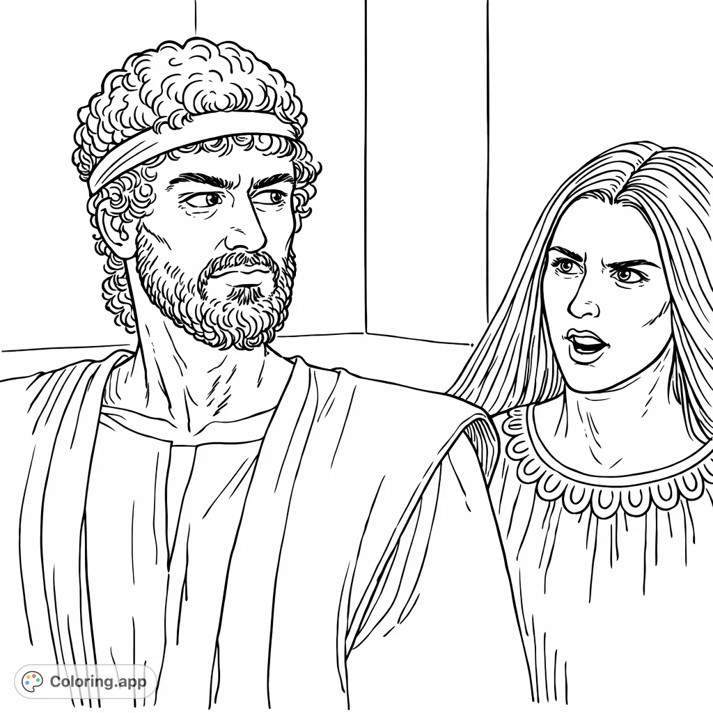A compelling biblical figures coloring page depicting a man with a beard and a woman with long hair in a dramatic encounter. A free printable scene for all ages.