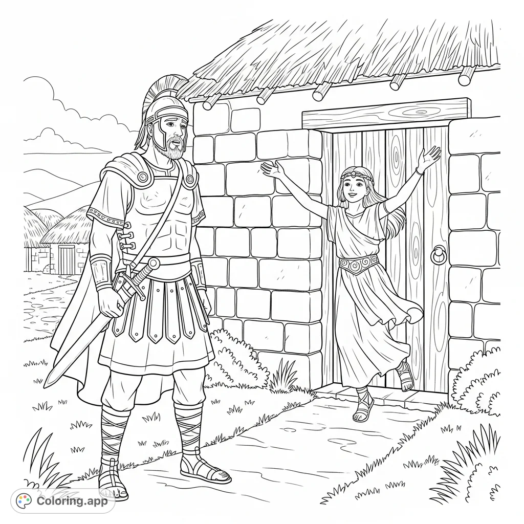 A heartfelt Ancient Israelite soldier coloring page capturing a warrior's return home, met by his jubilant teenage daughter outside their stone dwelling.