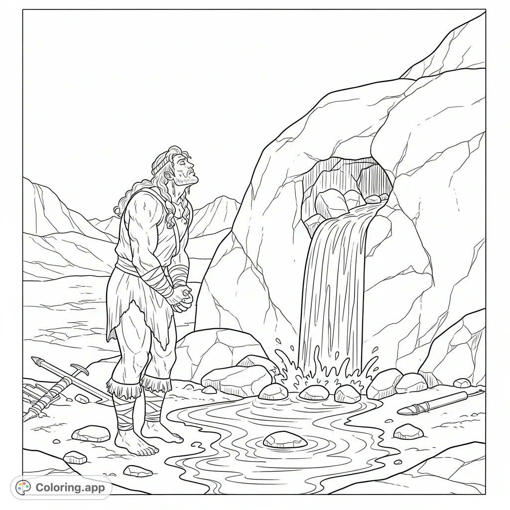 Depicts Ancient Israelite strongman Samson, weary and praying in a dry land, as water miraculously gushes from a rock at Lehi to quench his thirst.