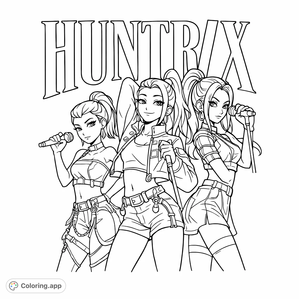 Dive into the world of music with this energetic pop group trio coloring page! Featuring bold outlines and a cartoony style, it's a free printable for music lovers.