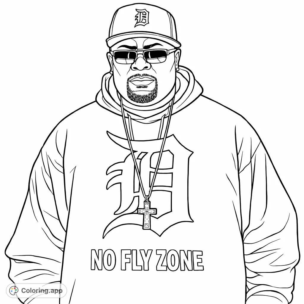 Color a powerful figure in a hoodie, cap, and sunglasses, featuring a stylized 'D' logo and a prominent cross pendant. A dynamic design for urban art fans.