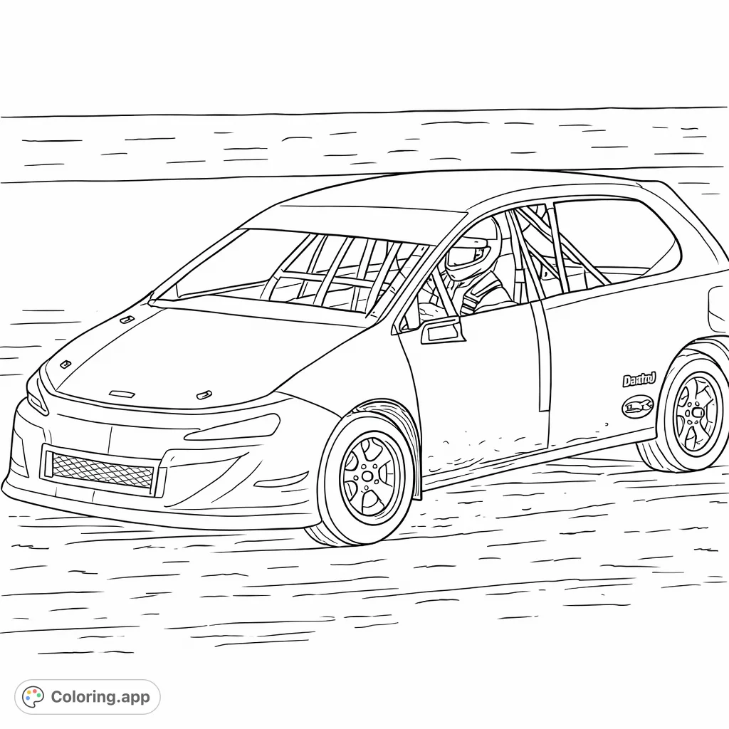 Experience the thrill of speed with this dynamic race car coloring page. A modified vehicle races on a dirt track, complete with a driver and roll cage.
